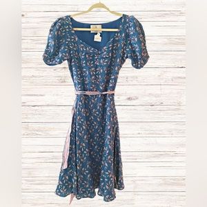 Kopal Blue with Pink leaves Sundress with Puffed sleeves
